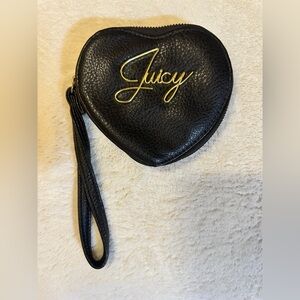 Juicy Couture Y2K Heart Wristlet Coin Purse Black Zip Pouch Gold Logo Cute